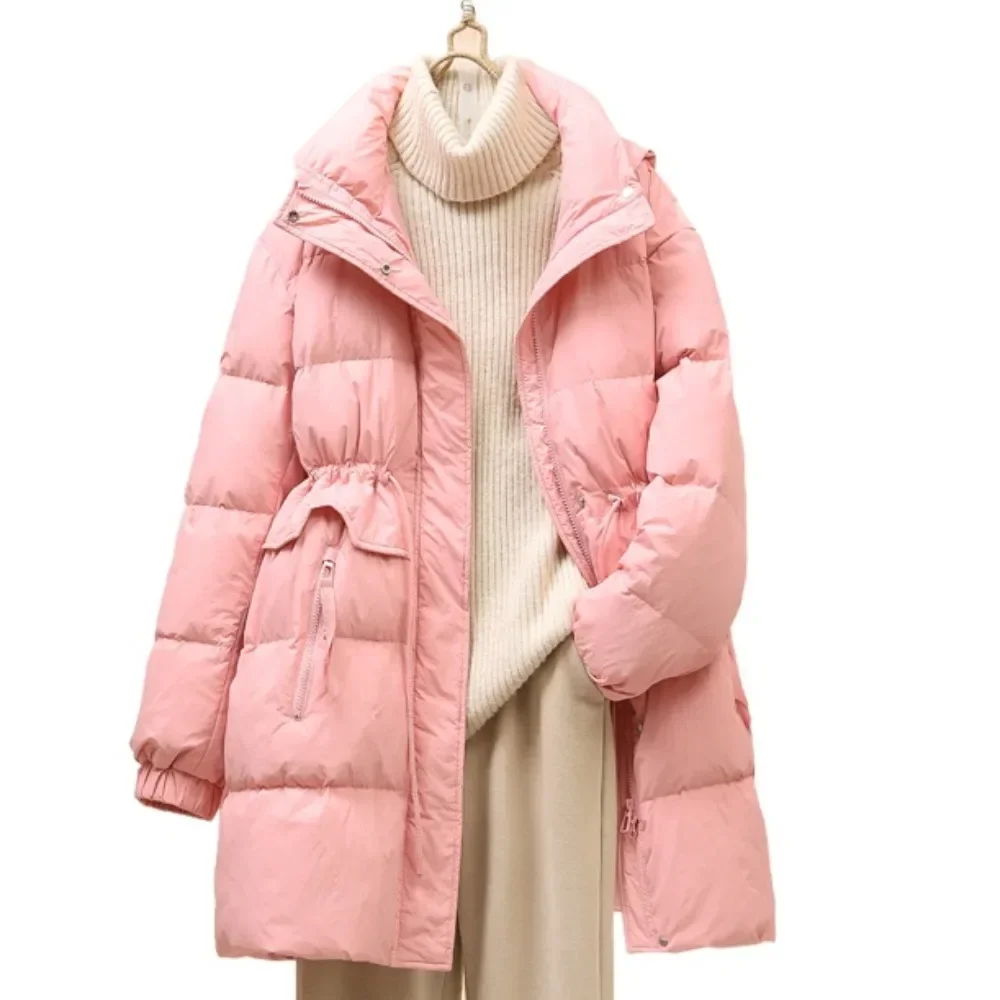 2024 Nuovo Inverno Piumino D\'anatra Bianca da Donna Piumino da Donna con Cappuccio di Media Lunghezza Ispessito con Coulisse in Vita Sottile