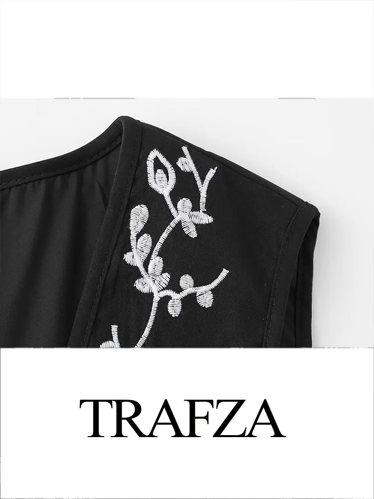 Trafza 2024 feminino inverno casual colete curto topo moda preto e branco bordado elegante feminino solto acolchoado colete