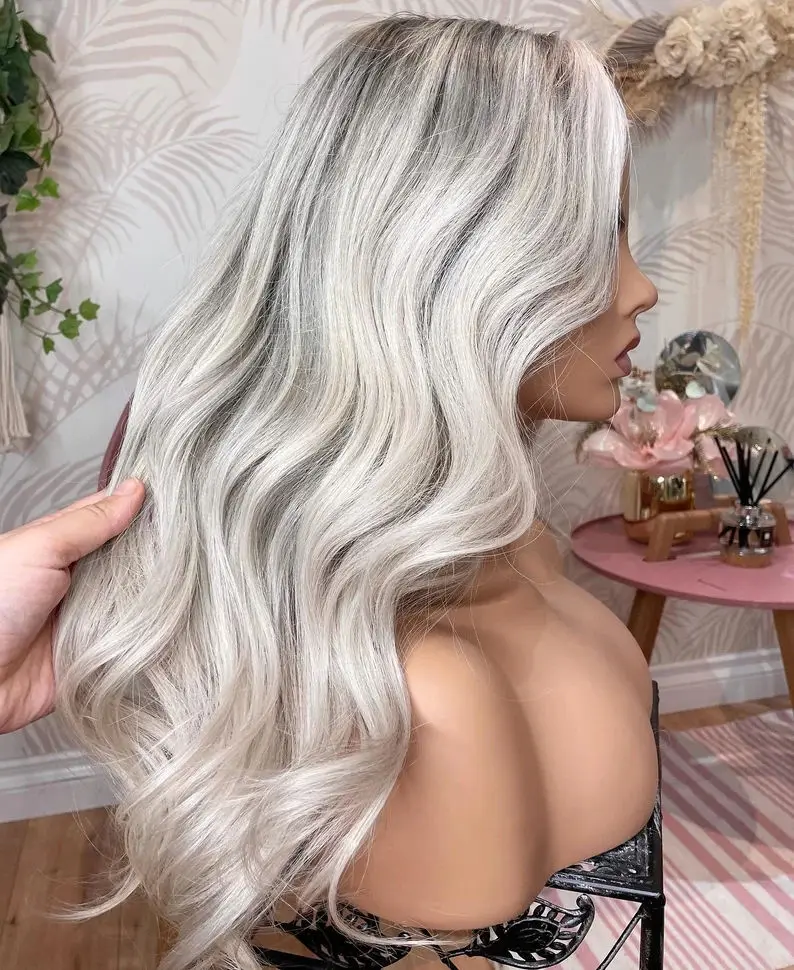 Wig Tanpa Lem Ombre Ash Platinum Blonde Highlights Untuk Wanita, Futura Brunette Fibre Deep Wave Bouncy Original Factory Wig Murah