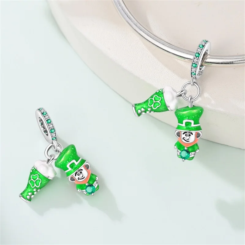 

Original 925 Sterling Silver Green Beer Party Zircon Charms Pendant Fit 3mm Original Bracelet DIY Women Birthday Jewelry Gifts