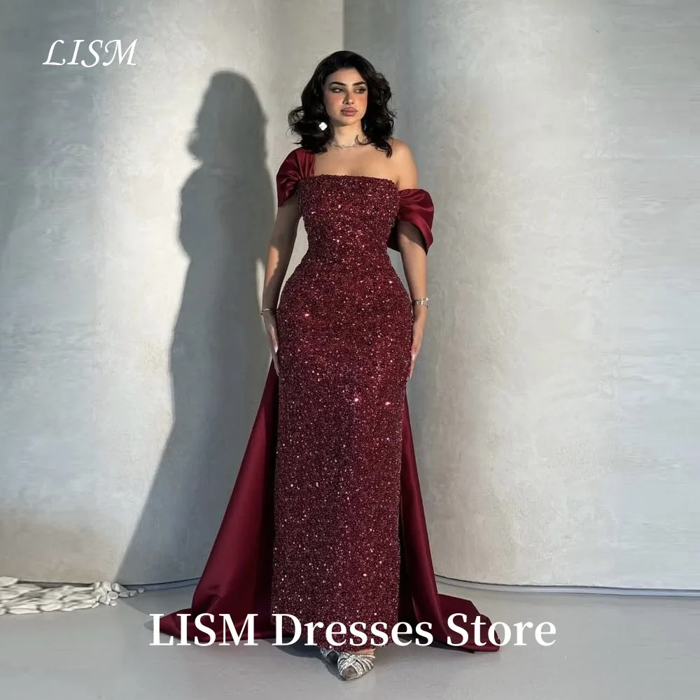 LISM Sparkly Dunkelrote Meerjungfrau Brautkleider Für Arabische Frauen Schulterfrei Dubai Arabisch Frauen Lange Abendkleider Maßgeschneidert