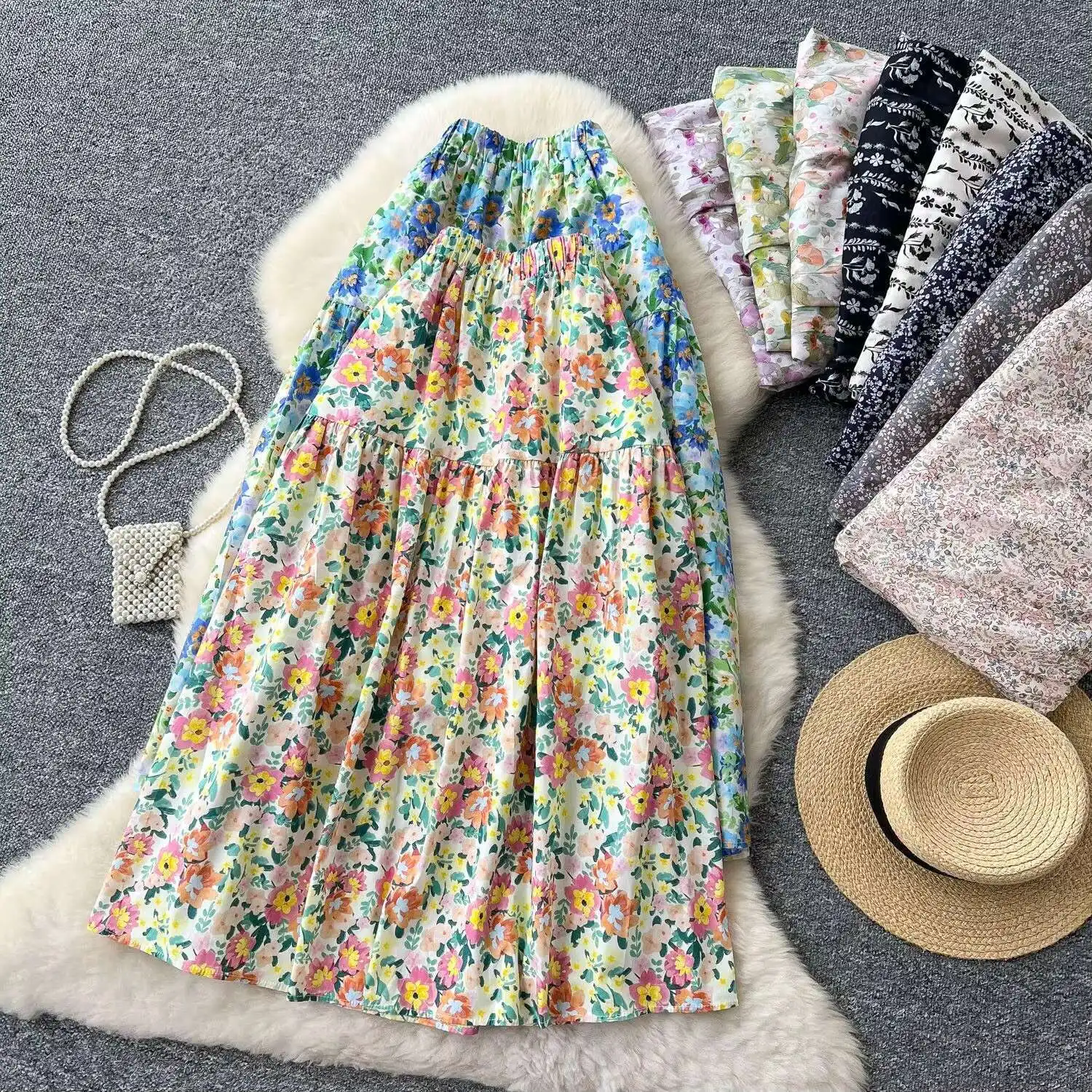 

Women's Korean Style Spring Summer High Waist Vacation Floral Print Chic Midi Skirts Female Elegant Casual A-line Skirt