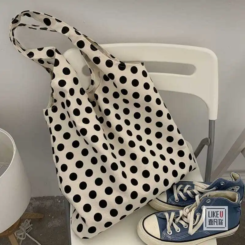 2024 New Japanese Korean Small Polka Dots Large Capacity Print Lazy Style Ins Hand Green Shopping Women's Canvas Shoulder Bag