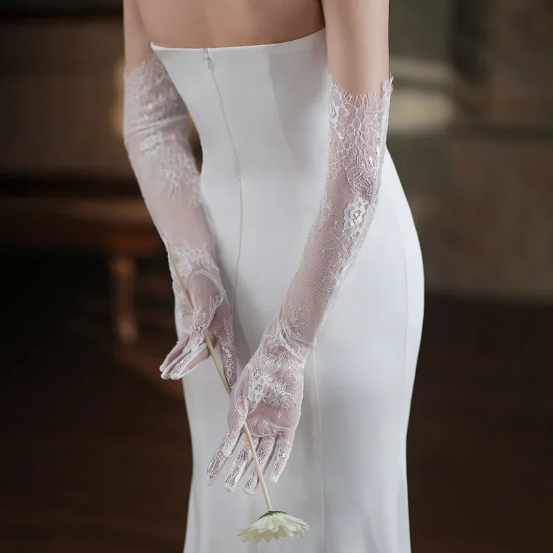 Sexy Thin Women Lace Flower White Black Long Gloves Transparent Mesh Eyelash Tulle Bridal Wedding Party Dress Accessories