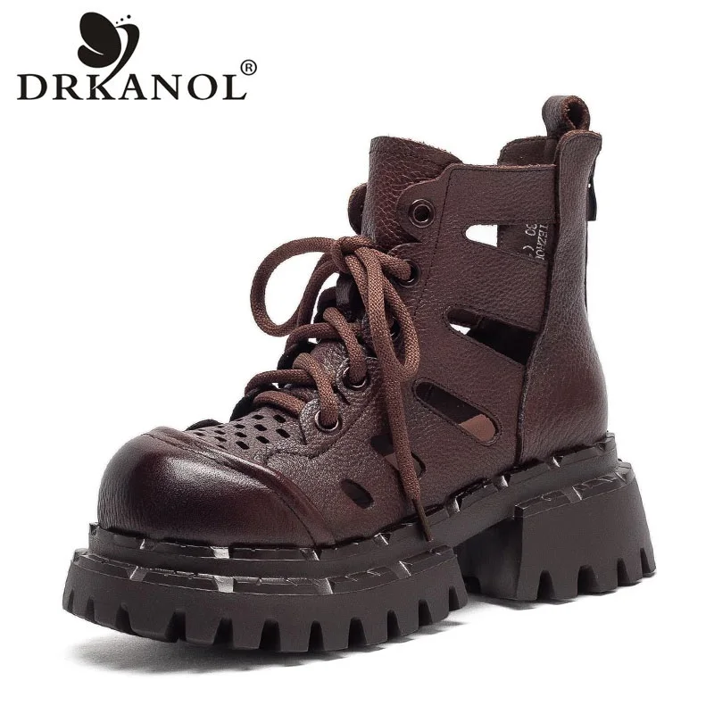 

DRKANOL 2026 Summer Ankle Cool Boots Women Genuine Leather Hollow Out Breathable Big Toe 6cm Thick High Heel Platform Sandals
