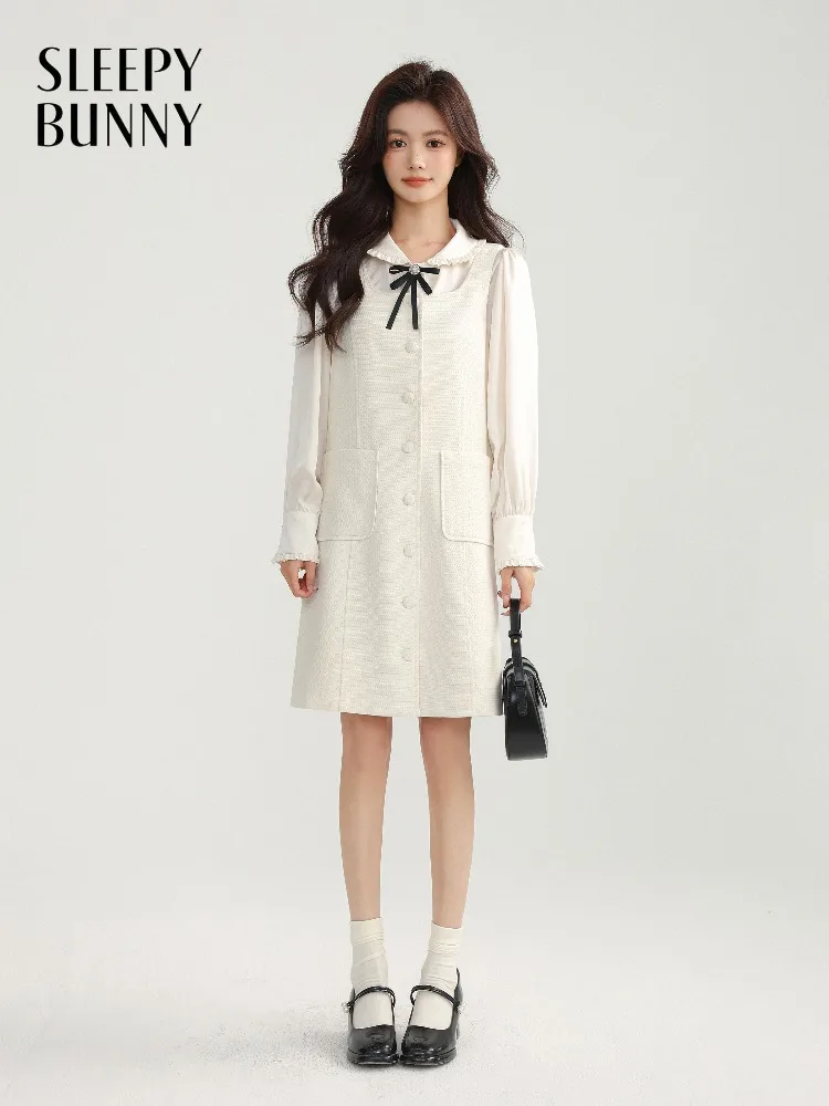 

Elegant Two-Piece Dress Set for Women Sleeveless Button Vest Dress with Bow Collar Blouse Sweet Preppy Style Outfit for Autumn