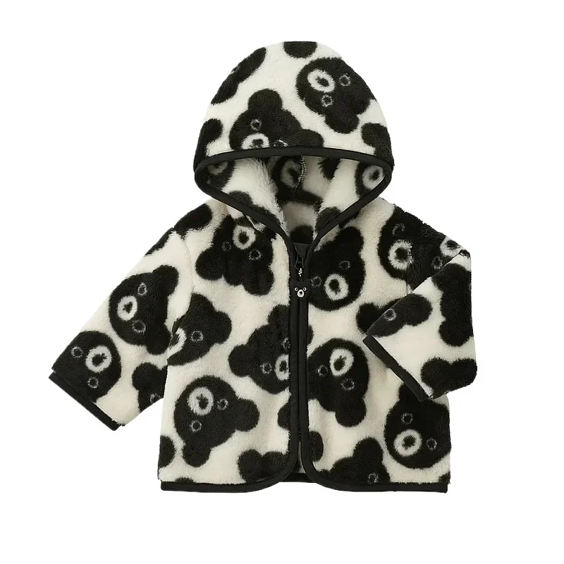 Children's Autumn and Winter Hooded Cardigan Japanese Cartoon Cute Black Bear Polar Fleece Warm Hooded Jacket Top