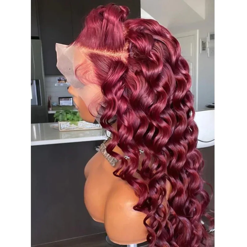 Wine Red 26Inch 180%Density Glueless Deep Wave Lace Front Wig 99J Burgundy For Black Women With Baby Hair Heat Temperature Daily