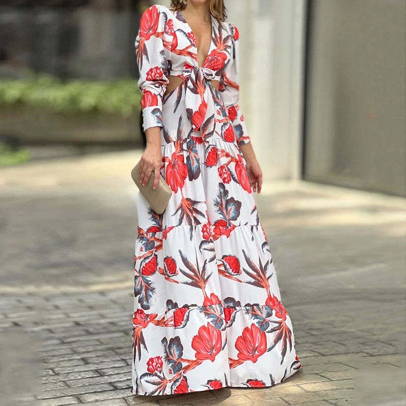 

Female Loose Pleated For Women 2023 Spring Tie-Up Bow V-Neck Long Dress Elegant Flower Print Big Hem Bohe Beach Dresses