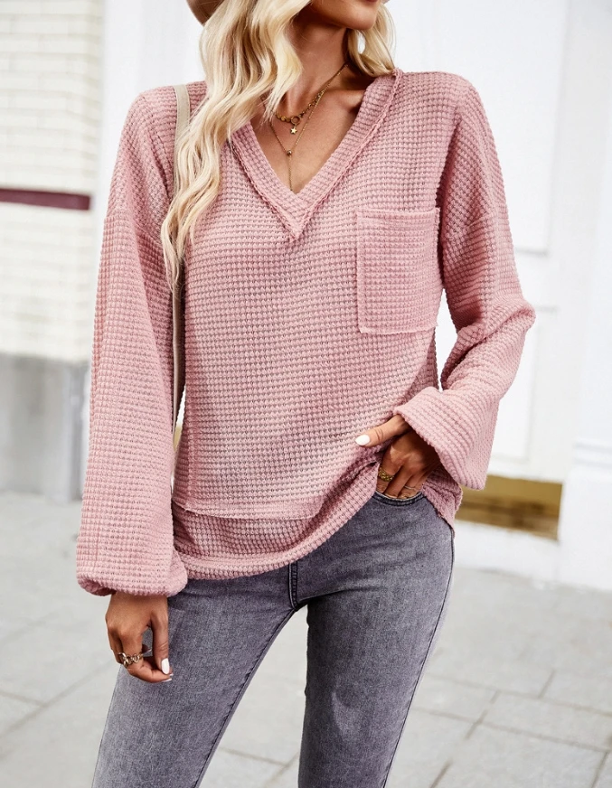 

Fashionable New Style Commuting Solid Color Knitwear Women's V-Neck Long Sleeved Top Pocket Loose Pullover Knitwear