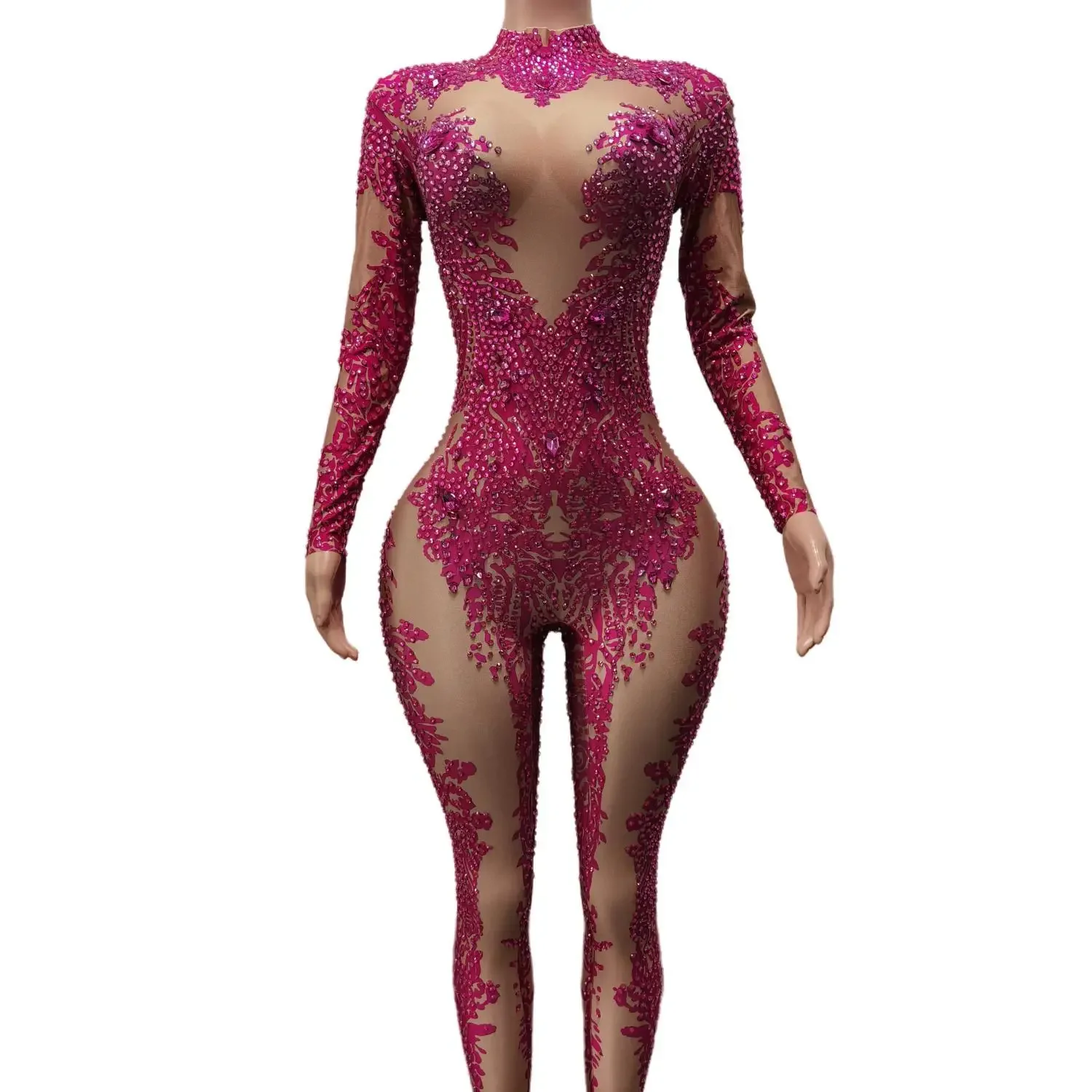 Fashion Lady Rompers Stage Show Bodysuits Spandex Elastic Rompers Show Dancer Wear Sexy Women Party Prom Rhinestones Jumpsuits