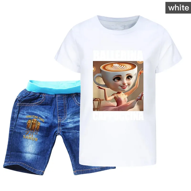 راقصة الباليه كابتشينا ملابس طفل الفتيات الكرتون وتتسابق الأطفال ملابس الصيف الاطفال تونغ الصحور تي شيرت + الدنيم مجموعة تي شيرتات قصيرة للأطفال #6