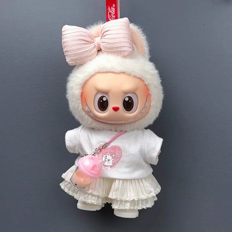 15/17cm 1세대~3세대 라부부 인형용 스윗 스타일 의상 세트 하트 모양 고양이 패턴이 있는 흰색 상의와 베이지색 주름 치마