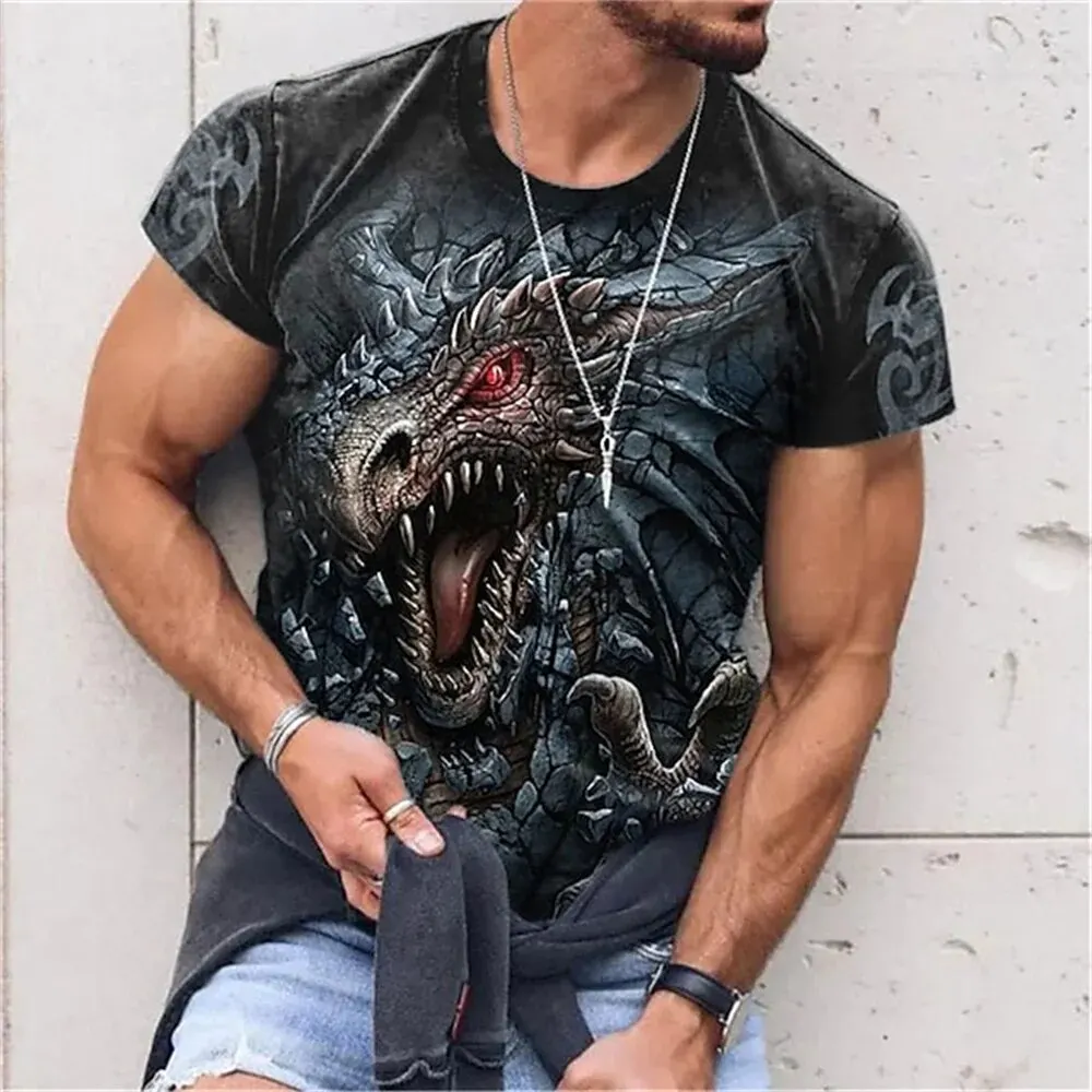 2024 New Summer Men\'s Round Neck Tops T-shirt Oversized Evil Dragon Print Pattern T-shirt Street New Fashion Short-sleeved Tops