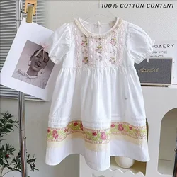 Girls' Vacation Style Dress Summer 2024 New Children's Flower Embroidered Short sleeved Beach Girl Cotton Princess Dress