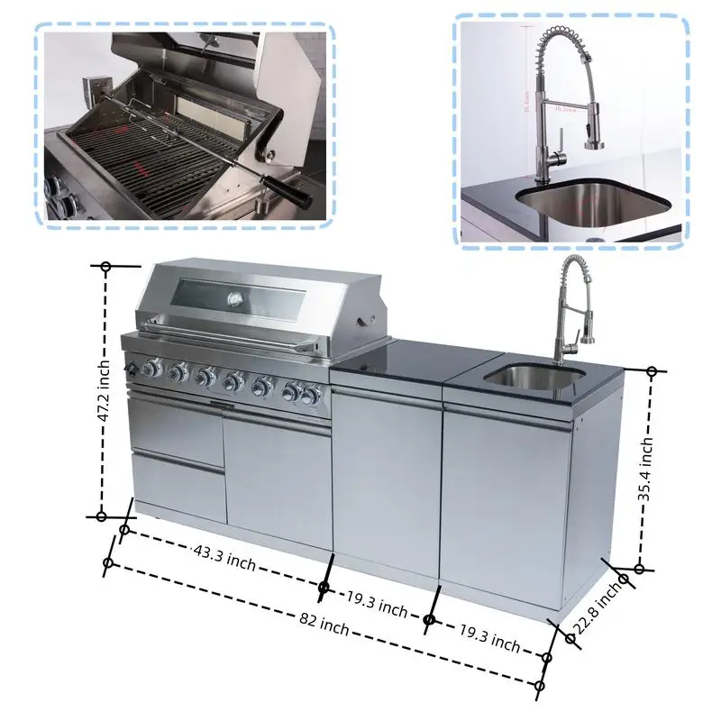 43インチ 6バーナー 85000BTU デラックス ステンレス製 ガスBBQグリル 屋外キッチンアイランド ロティサリー付き、花崗岩カウンタートップ