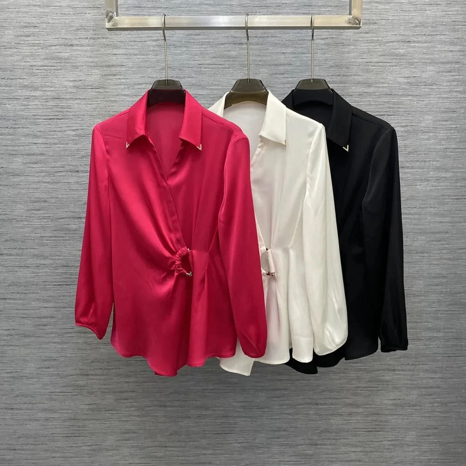 High quality 100% silk 2024 spring women long sleeve brief solid shirts turn down collar blouses