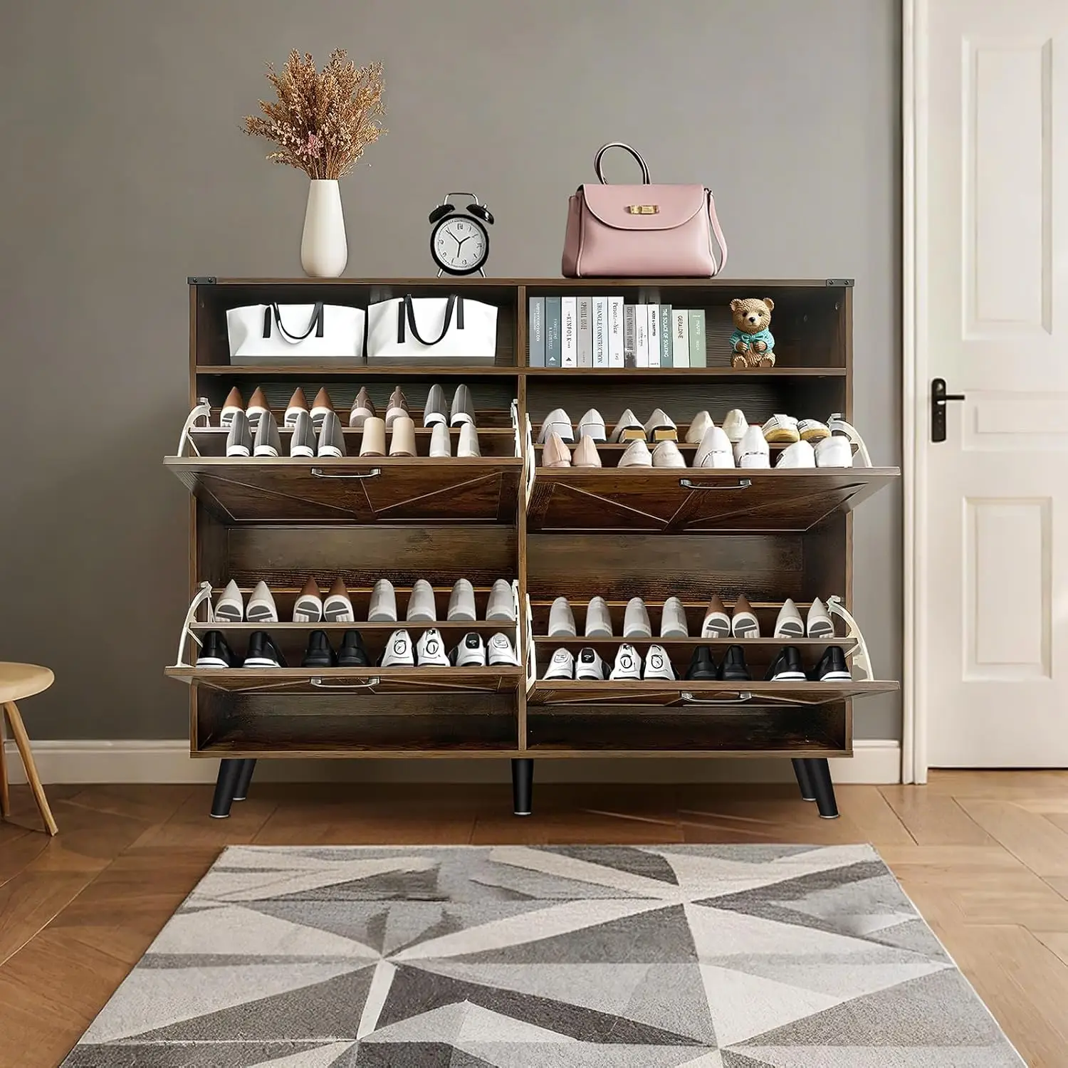 

Shoe Storage Cabinet with 4 Flip Drawers and Open Storage Freestanding Narrow Organizer for Entryway Hallway Living Room
