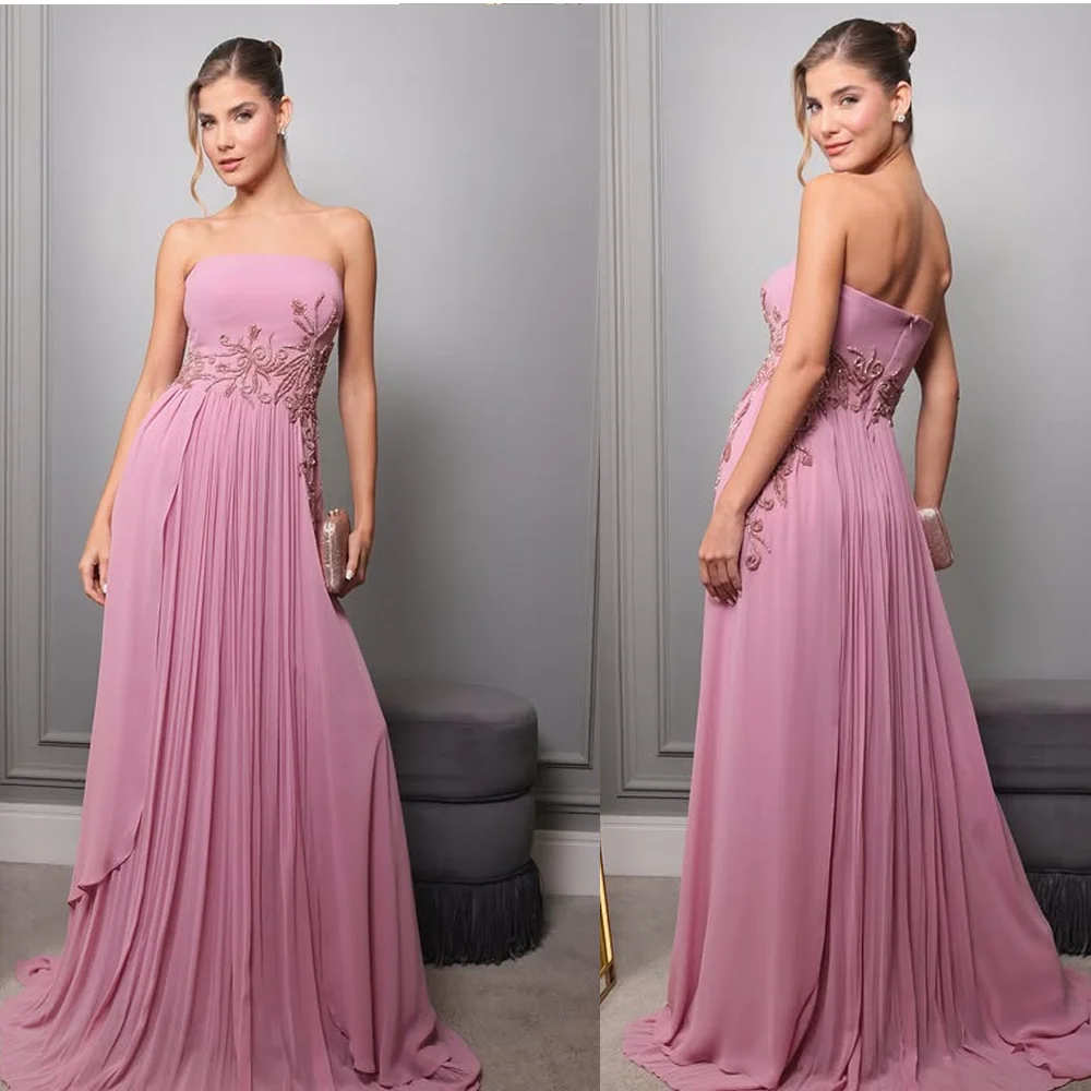 

Boat Collar Chiffon A-line Long Mother of the Bride Dress Pleat Flowing Beaded Backless Evening Gowns with Court Customized