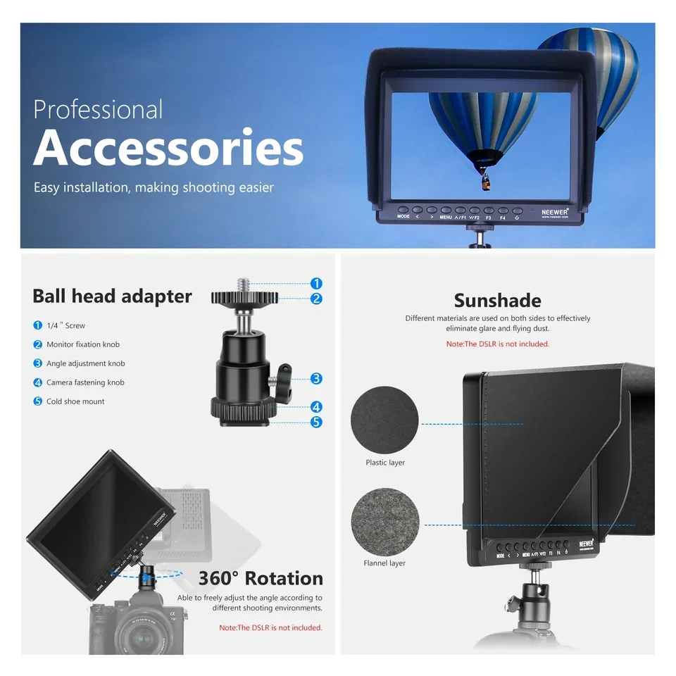 F100 7-Inch HD Video Assist Field for DSLR Cameras IPS 1280x720 with Sunshade and Ball Head Monitor