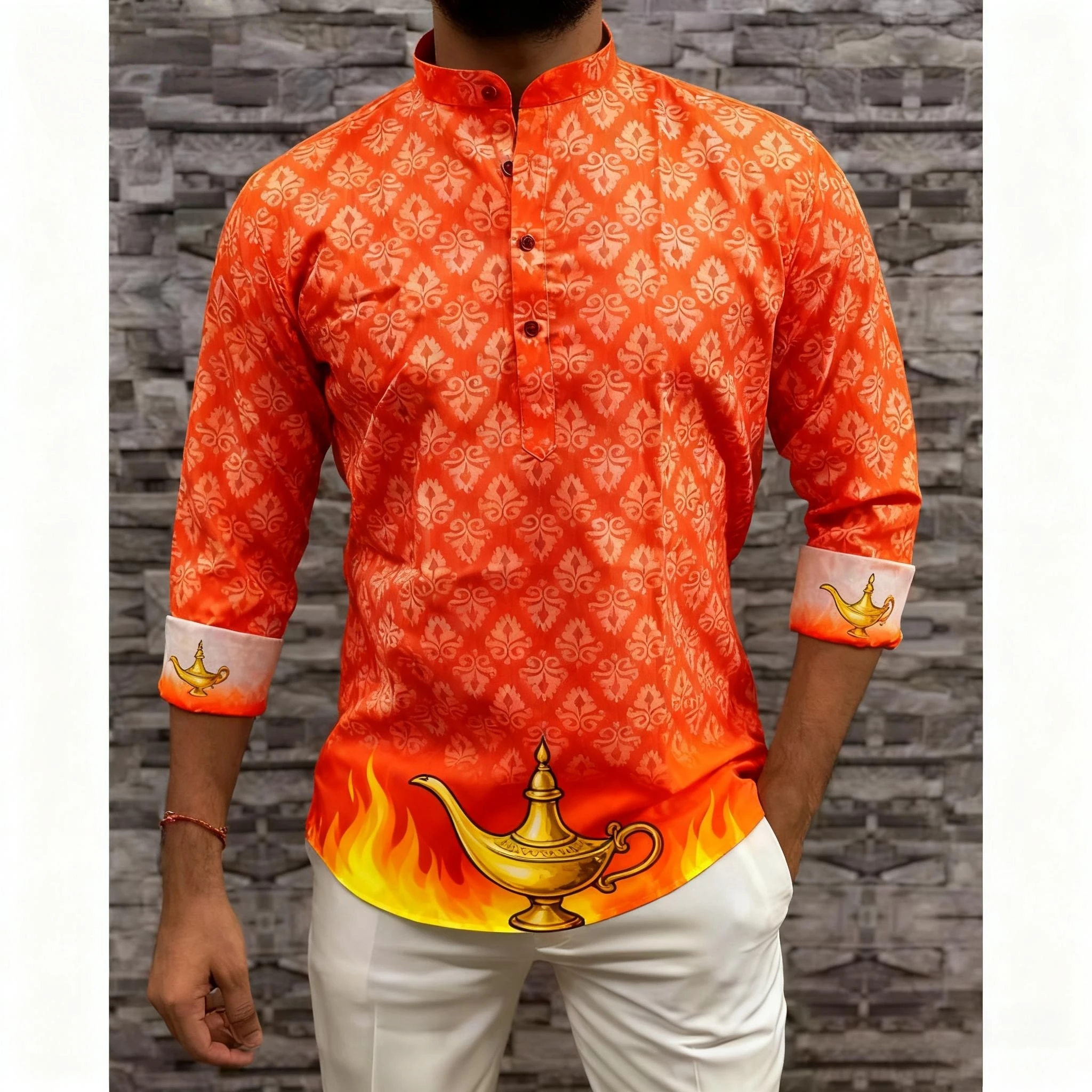 

2026 мусульманская мужская одежда с воротником-стойкой, рубашка с длинным рукавом и золотым принтом, модная повседневная одежда, арабская мужская одежда в этническом стиле