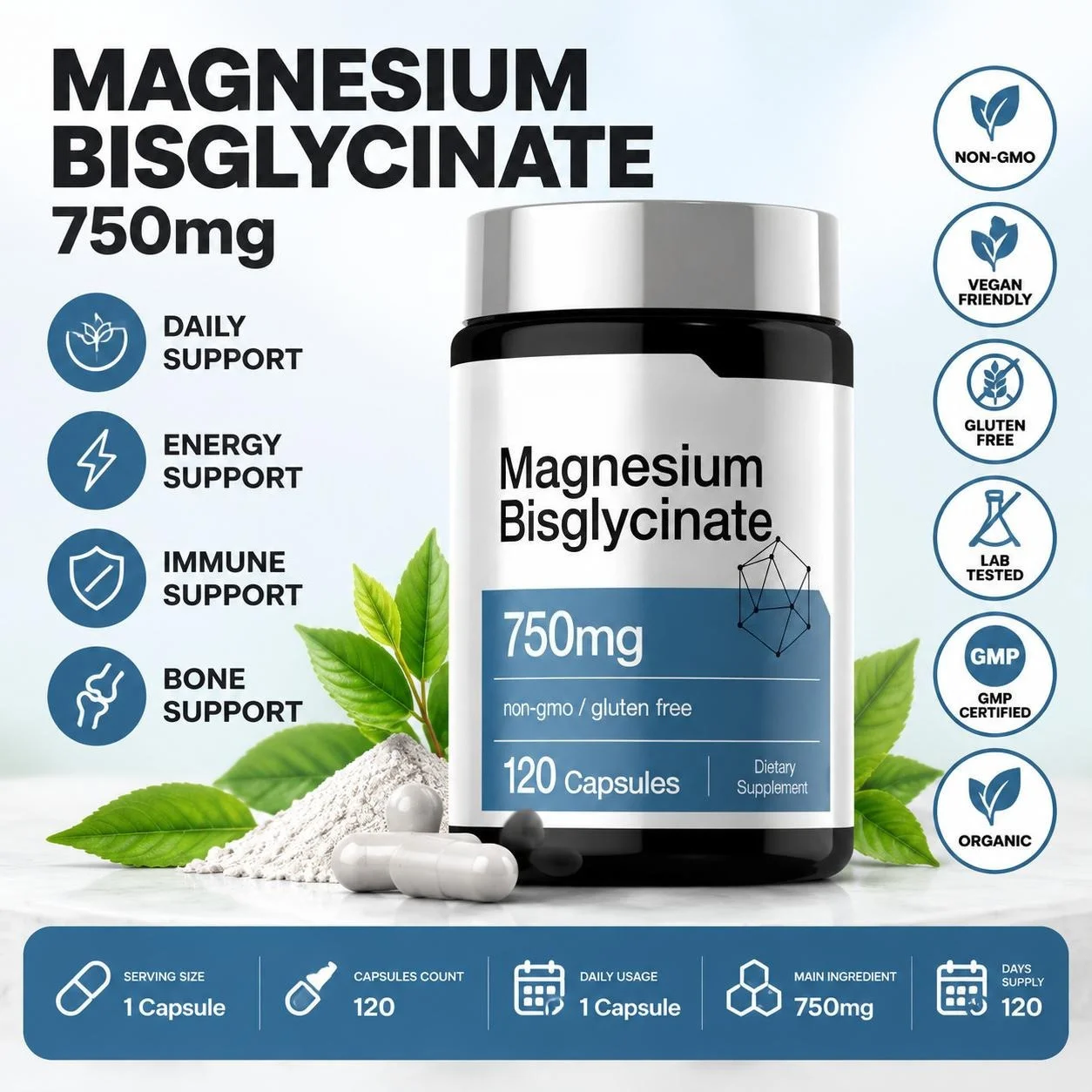 Magnesium Bisglycinate Supplement 750mg High Absorption Magnesium Capsules Mineral Support Daily Nutrition Formula 120 Count