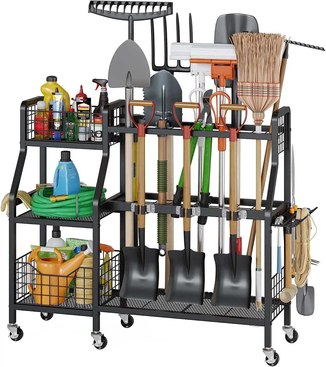 

Heavy Duty Garden Tool Organizer with 6 Wheels, 2 Baskets for Garage/Shed/Yard Storage