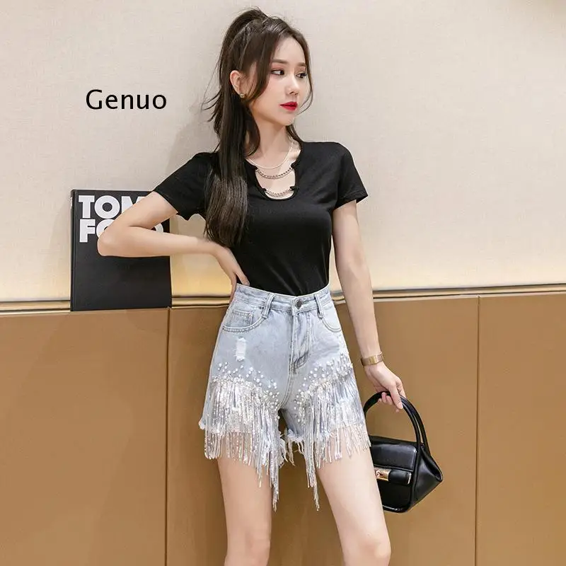 

Vintage Jeans Women Summer New Fashion Sequin Tassel Hole High Waist Denim Shorts Loose Thin Hot Pants Female Streetwear