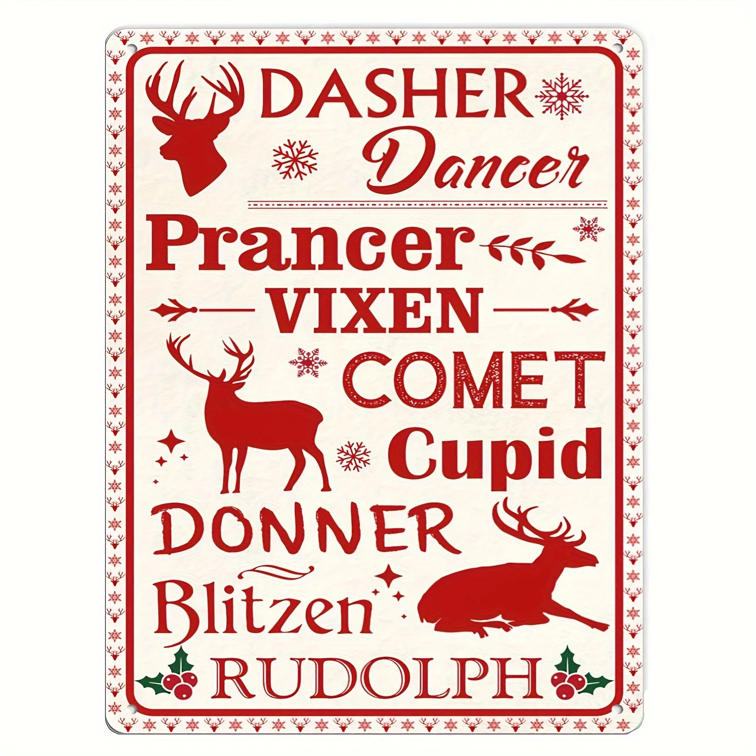 Festival Reindeer Name Tin Sign- Retro Christmas Wall Art with Dasher, Dancer, Prancer, Vixen, Comet, Cupid, Donner, Blitzen, ru