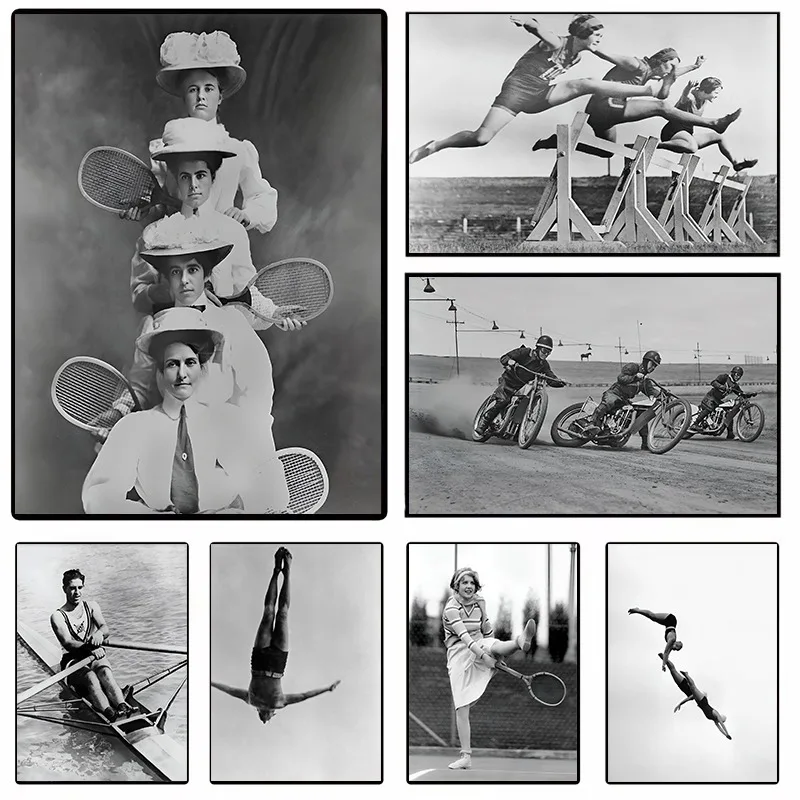 Vintage Black and White Sports Photo Poster Tennis Rowing Diving Motorcycle Canvas Art Picture Simple Living Room Home Decor