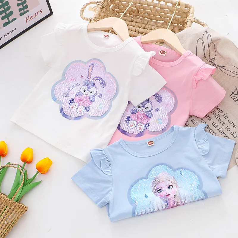 Summer New Kids Clothes T-shirt Girls Frozen Elsa Princess Short sleeves Flip Sequins Cotton Tee Costumes Children Fashion Tops