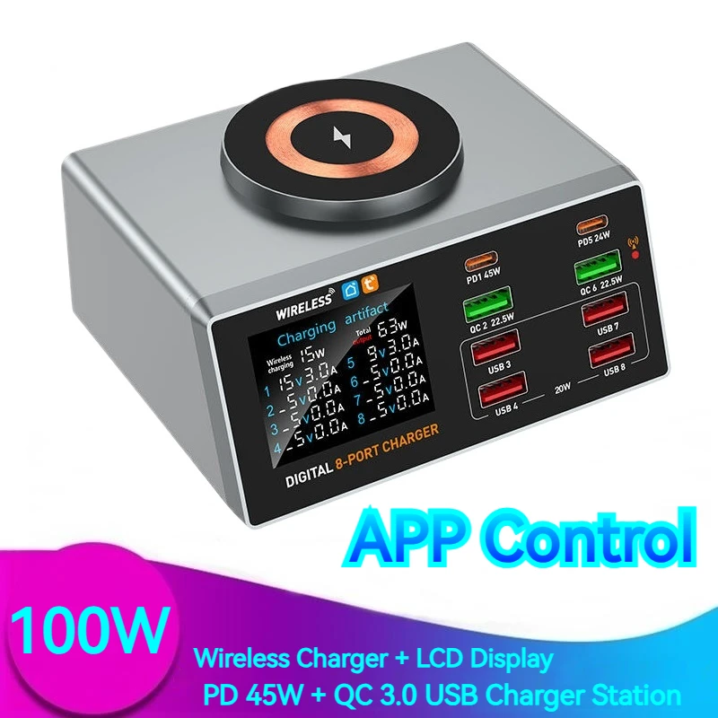 

100W Wireless Charging Station X9A | 8-Port PD45W QC3.0 | LCD Display | APP Control Fast Charger for iPhone 16 Pro/Samsung S25U