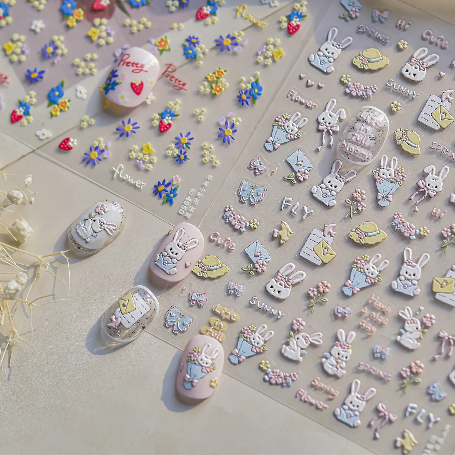Autocollants pour ongles lapin mignon 5D, 1 pièce, usage quotidien, ton Pastel brillant, accessoires pour Nail Art, voyage de vacances, joli lapin Kawaii