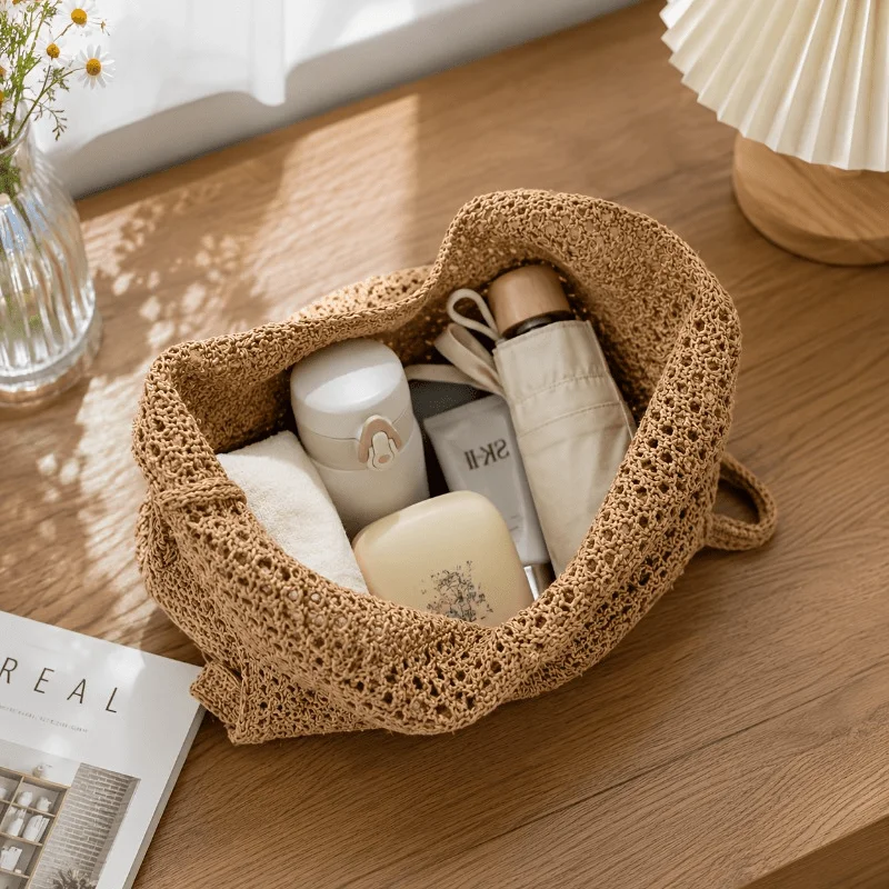 Women Large‑Capacity Woven Tote Bag, Light Breathable Open‑Top Shoulder Handbag for Beach Travel Shopping Commute Daily Use image 2