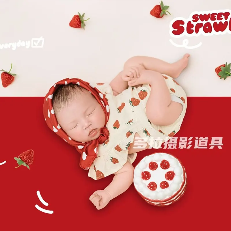 Newborn Photography Clothing Kerchief+Jumpsuit+Strawberry+Cake Props Studio Baby Photo Accessories Clothes Outfits Fotografi
