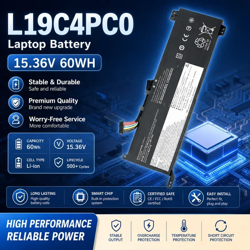 60Wh 15.36V Laptop Battery for Lenovo Savior Y7000 R7000 2020H L19C4PC0 L19M4PC0 High Capacity Rechargeable Li-ion Notebook