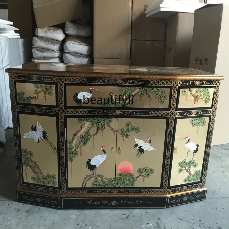 Three-Drawer Four-Door Cabinet Painted Furniture Hand-Painted Landscape Entrance Cabinet Hallway Decorative Cabinet