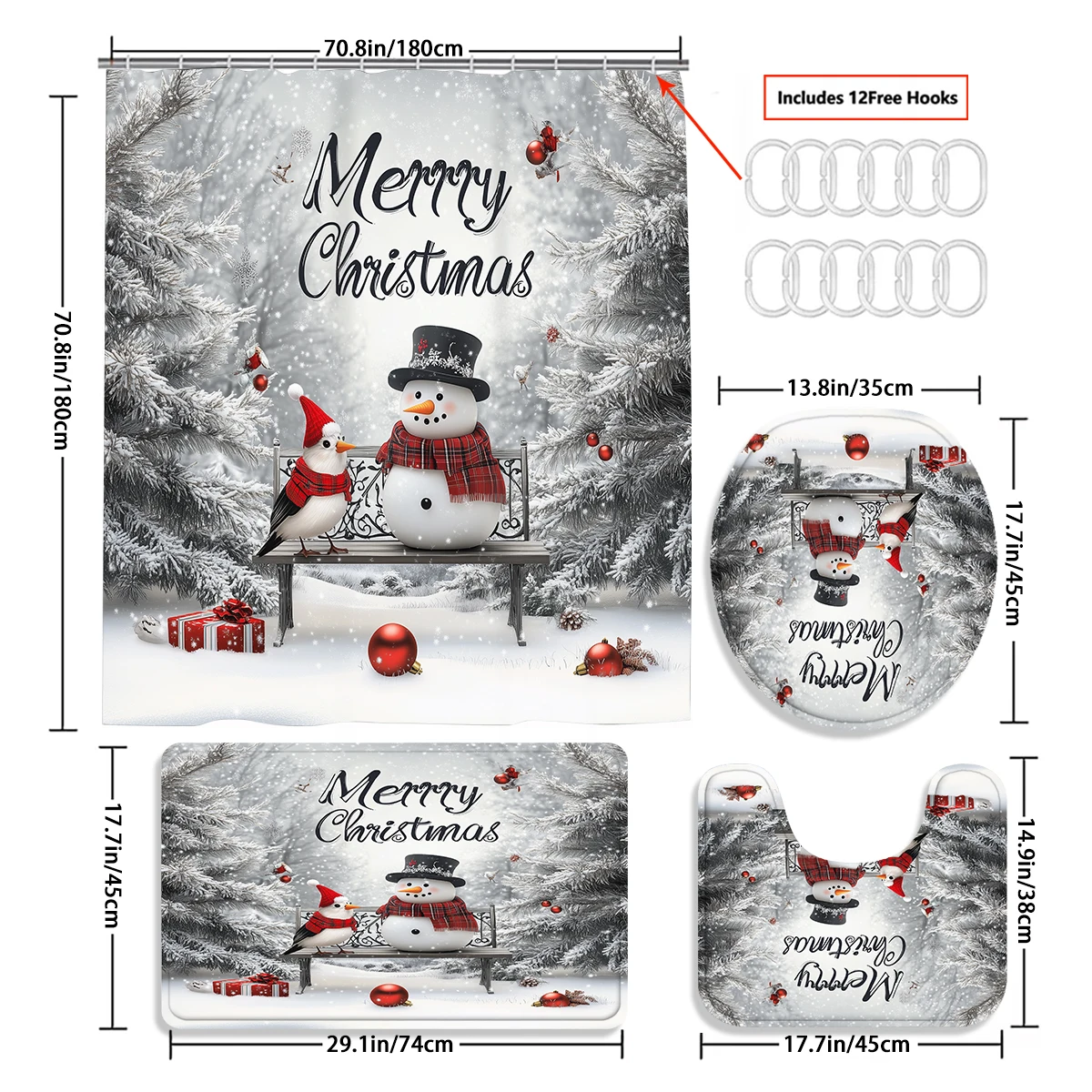 Christmas Snow snowman 1/4PC shower curtain set waterproof shower curtain and waterproof non-slip carpet,12 hooks included