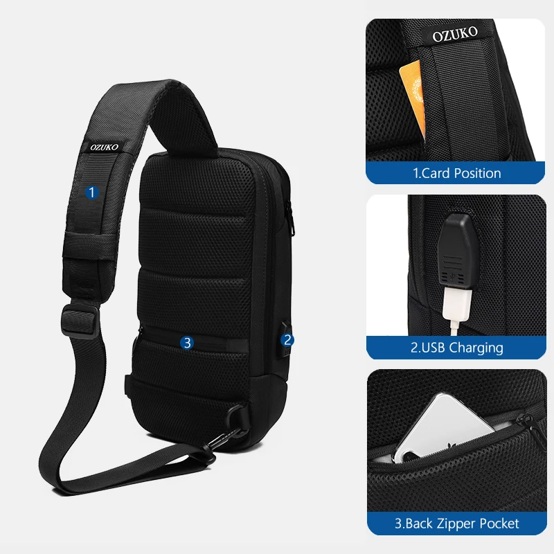 OZUKO New Men Anti Theft Crossbody Bags Fashion Male 9.7inch iPad Messenger Bag USB Charging Shoulder Bag Waterproof Sling Bag