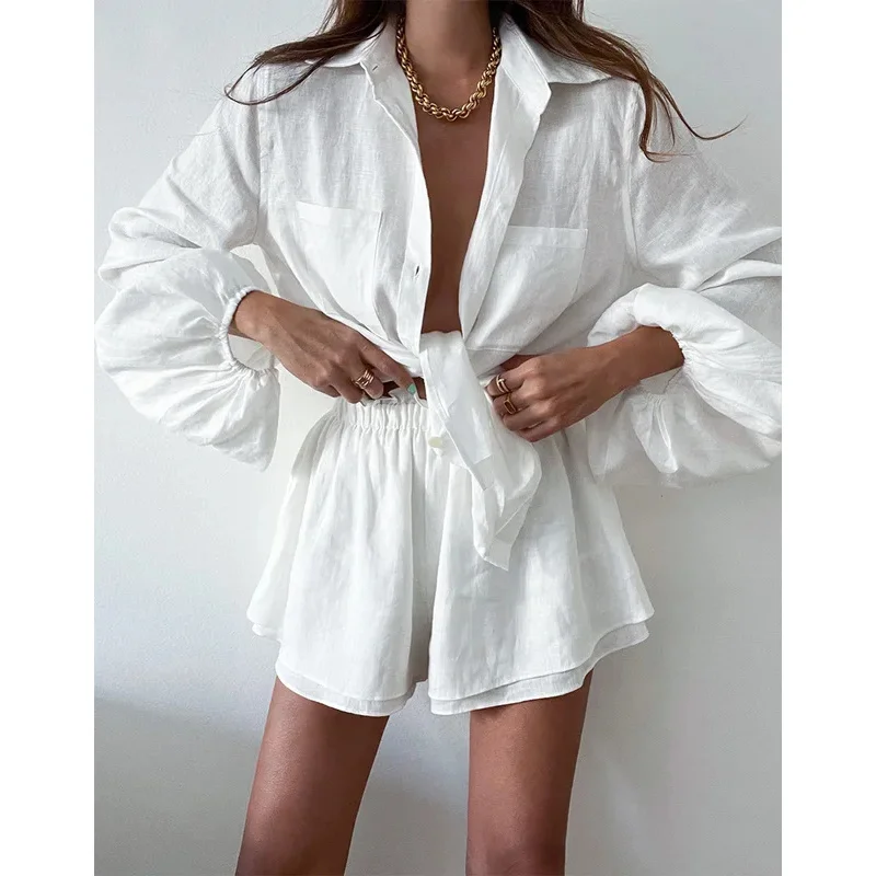 Summer Linen Ruffle Shorts Sets Women 2 Pieces 2024 Lantern Sleeve White Tops Loose Elastic Waist Shorts Suits Vacation