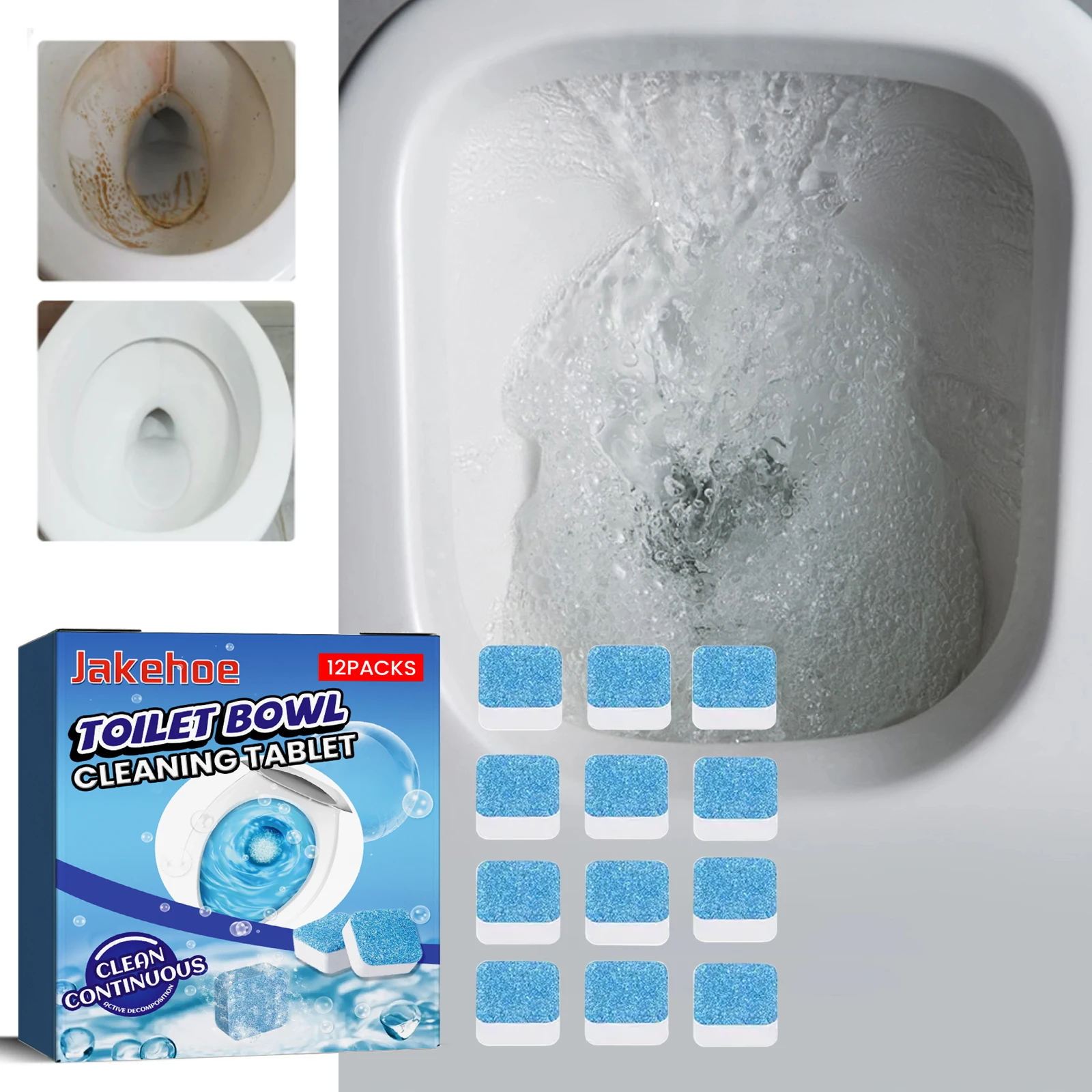 Jakehoe Toilet bowl cleaning tablets, drain tank freshener, deodorizer and multi-purpose stain remover, home bathroom cleaner