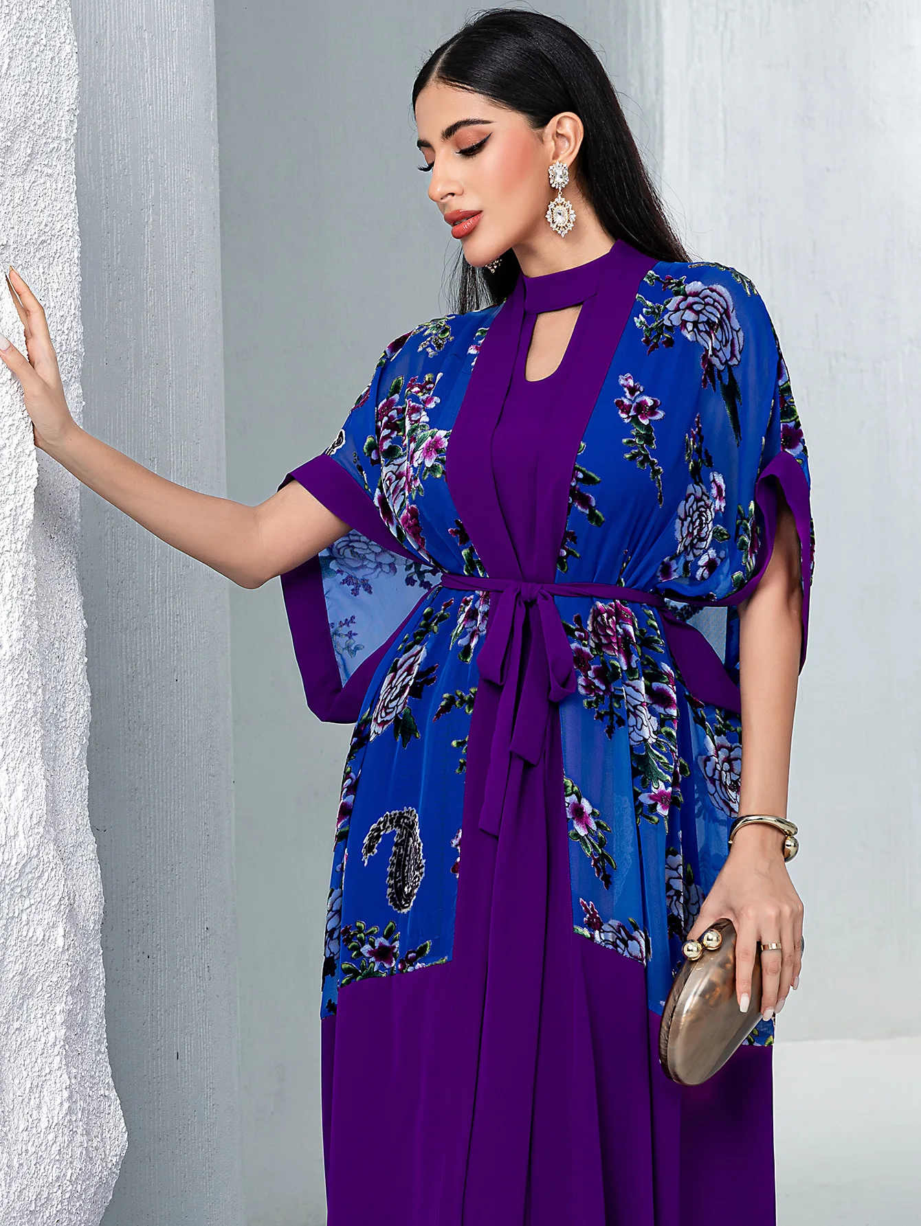 Purple Printed Batwing Sleeve Two Piece Open Kimono Inner Dress Elegant Women Loose Outfit Fashion Party Matching Suit Dress