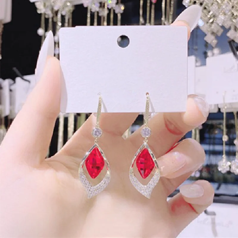 Elegant Geometric Crystal Drop Earrings Red Blue Rhombus Earring Party Wedding Jewelry Birthday Halloween Gift Oorbellen