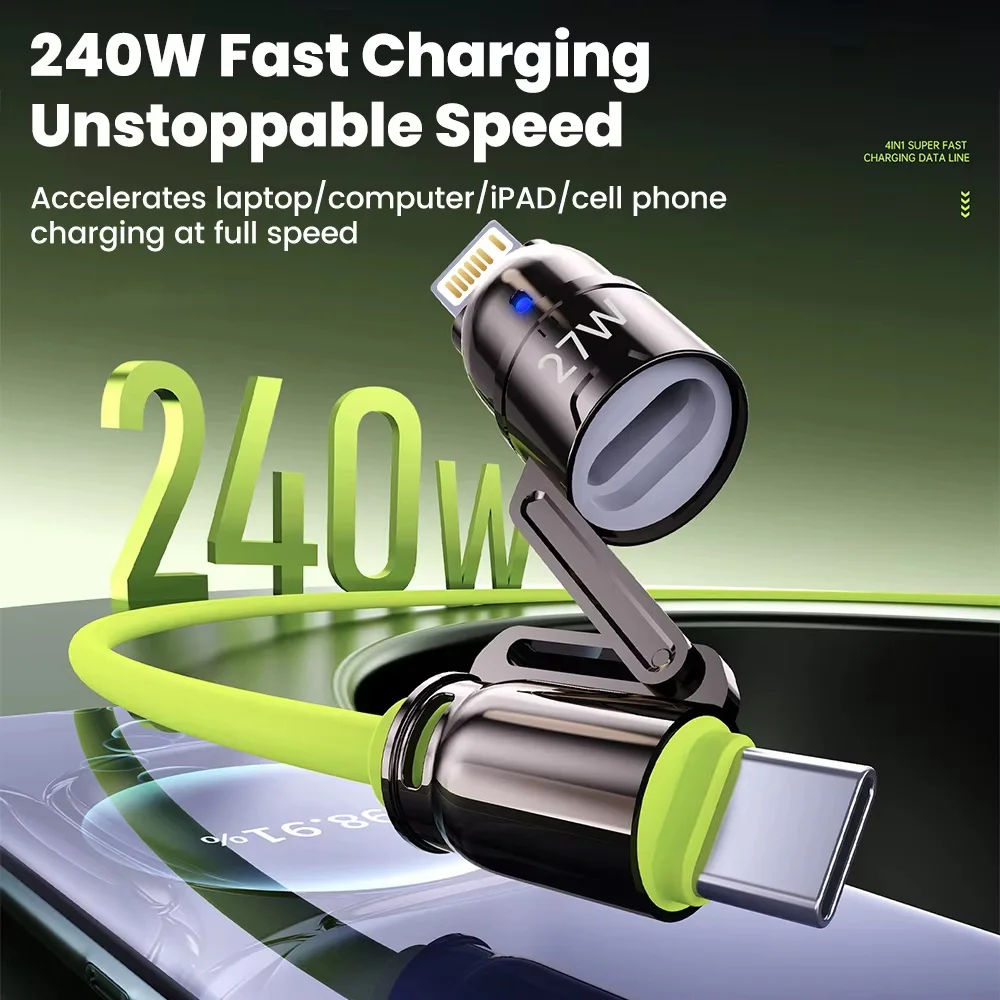 كابل شحن سريع 240 وات 4 في 1 مع سبيكة كيرسيت لهاتف آيفون 17 16 آي باد وسامسونج وشاومي وأجهزة الكمبيوتر اللوحي وكابل USB من النوع C #2