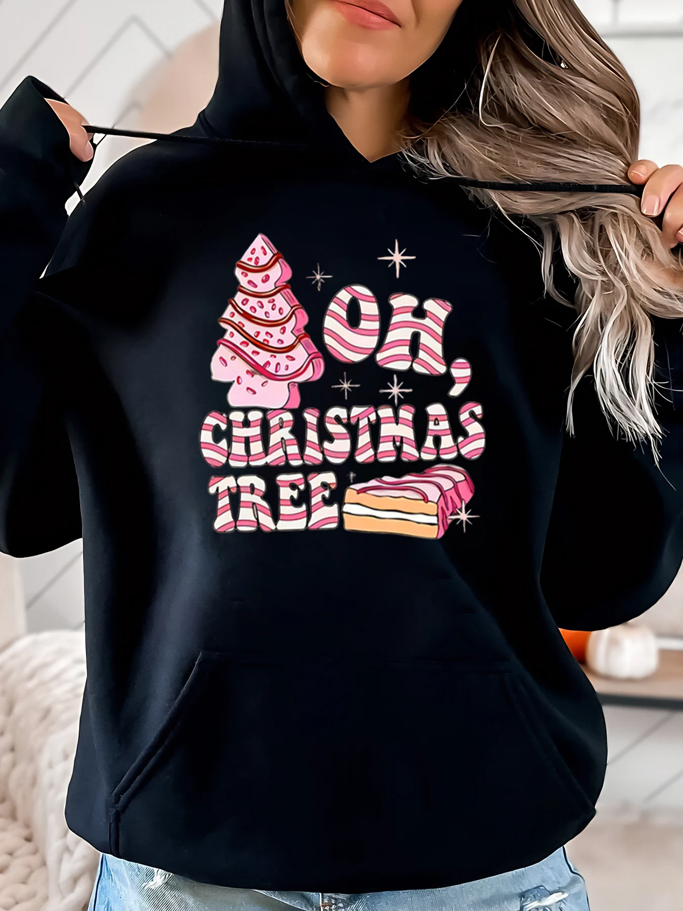 Oh Christmas Tree Cake Print Hoodie Urlaub Damen Freizeitkleidung Schwarz Plus-Size