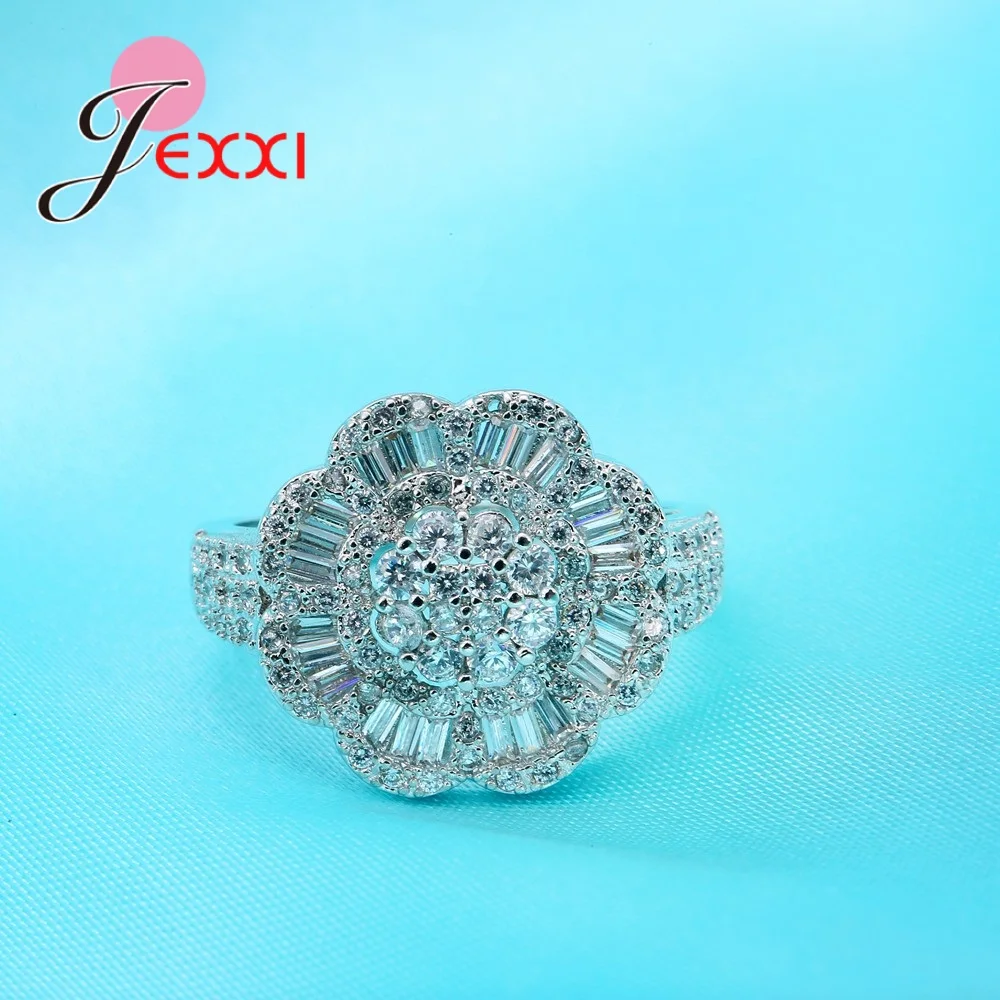 Exaggerate Shiny Flower Rings Paved Full White Rhinestone Trendy Female Bague 925 Sterling Silver Needle Brand New Jewelry