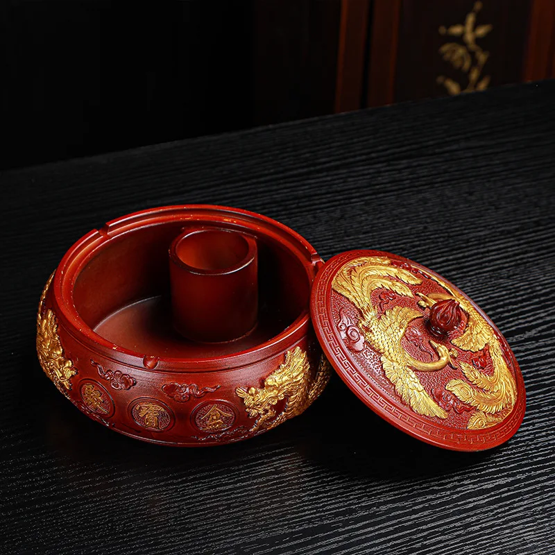 Creative Resin Ashtray with Lid New Chinese Home Office Anti-Flying Dust Complex Trend Tea Container Ornaments