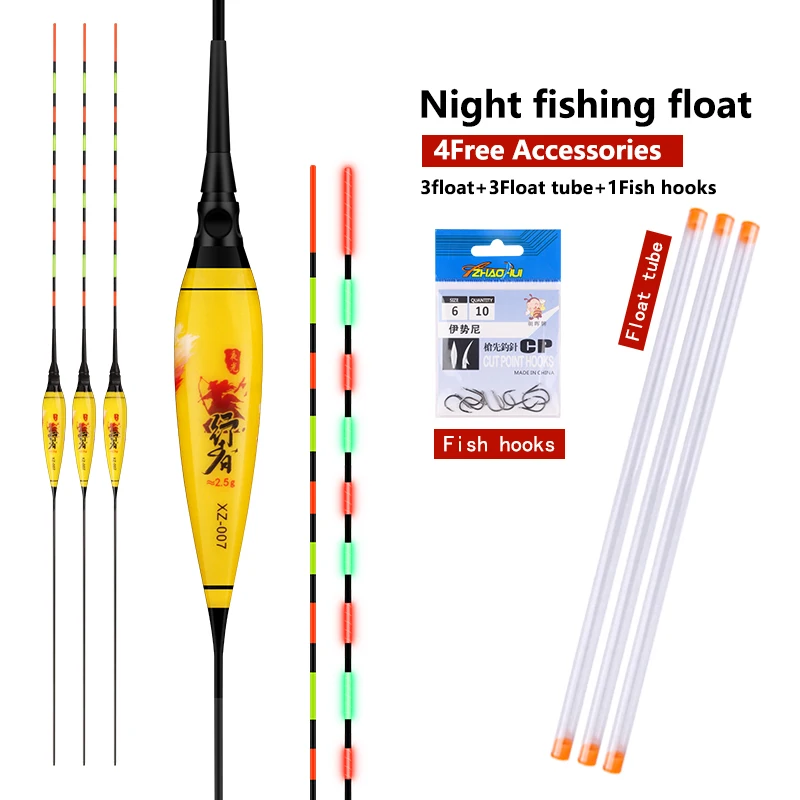 

3PCS Luminous Fishing Floats+3 Float Tubes+1 bag Hooks Night Buoy Lake River Electric Buoy Vertical Nano Boya Tools NO Battery