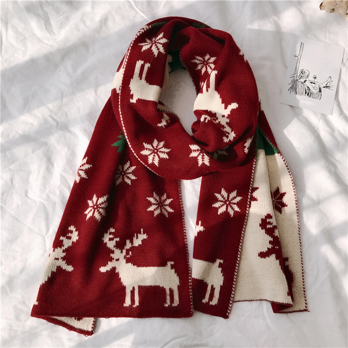 2024 Christmas Female\'s Long Scarves Fashion Claret Pashmina Shwal with Elk Deer and Snowflake Soft and Warm for Women Outdoor