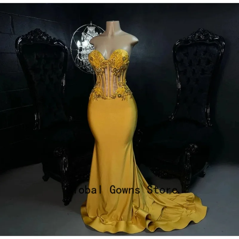 Gold Long Prom Dresses For Black Girls Sweetheart Beaded American African Evening Gowns Birthday Party Robe Customized